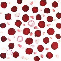 Pattern of fresh cut beets. Abstract food background.