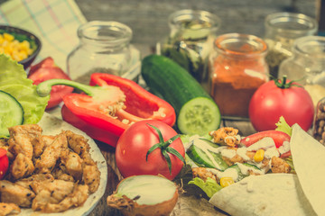 Kebab with chicken and vegetables, homemade cooking recipe