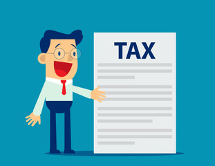 Businessman is showing tax. Concept business tax illustration. Vector flat.