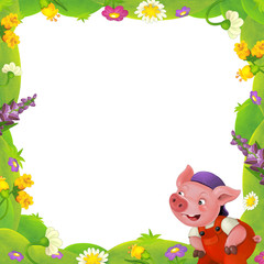 cartoon nature floral frame little pig on the meadow with space for text
