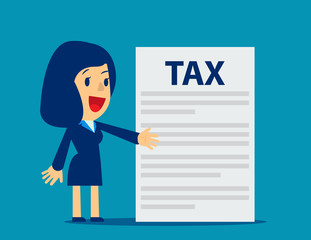 Businesswoman is showing tax. Concept business tax illustration. Vector flat.