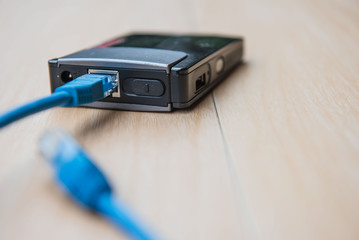 cable plug connector lan cable input the router technology concept.