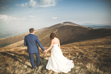 Happy beautiful wedding couple bride and groom at wedding day outdoors on the mountains rock. Happy marriage couple outdoors on nature, soft sunny lights