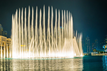 The Burj Khalifa lake with dancing fountain of Dubai, UAE