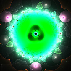 Bright sparkling flash. Neon glow. 3D surreal illustration. Sacred geometry. Mysterious psychedelic relaxation pattern. Fractal abstract texture. Digital artwork graphic astrology magic