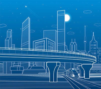 Automobile highway, infrastructure and transportation scene, train move, night city, towers and skyscrapers, airplane fly, urban illustration, vector design art