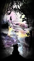 Obraz premium Baby Panda in the Jungle cartoon character in the real world silhouette art photo manipulation