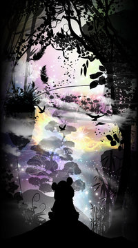 Baby Panda in the Jungle cartoon character in the real world  silhouette art photo manipulation