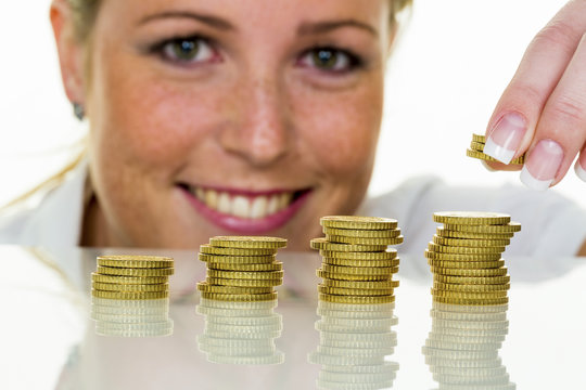 save woman with stack of coins in the money
