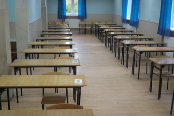 empty classroom before an exam in a small school