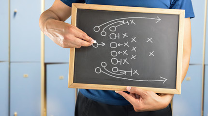 Naklejka premium hand of a american football coach drawing a tactics of football game with white chalk on blackboard at changing room