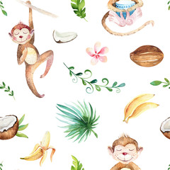 Baby animals nursery isolated seamless pattern. Watercolor boho tropical drawing, child tropical drawing cute monkey and palm tree, tropic green texture,exotic flower. Aloha backgraund © kris_art