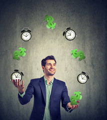 Time is money. Businessman juggling dollar signs and alarm clock