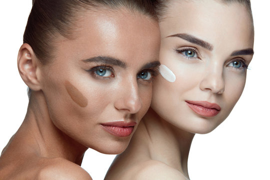 Facial Care. Beautiful Women Faces With Fresh Natural Makeup