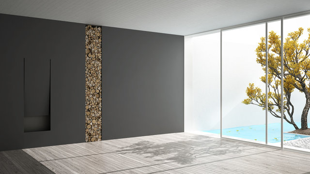 Empty room with fireplace and big panoramic window on garden and swimming pool, white and gray minimalist interior design