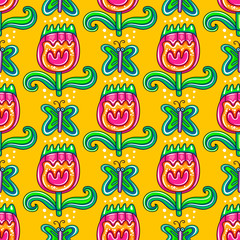 Seamless endless floral pattern with decorative tropical flowers and cute butterfly, isolated on light background. Can be used as wallpaper or wrapping paper. Vector illustration