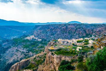 View of small rural villages situated on the saiq plateau at the jebel akhdar mountain in Oman.