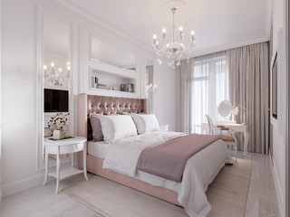 Fototapeta na wymiar Spacious and Bright Modern Contemporary Classic Bedroom