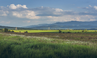 Obraz premium Summer countryside landscape with uncultivated fields, grasslands or pastures in Transylvania region, near the Fagaras mountains, Romania.