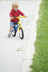 Happy toddler boy riding bike. Kids enjoying a bicycle ride. Sport concept. First bike for little child. Active toddler kid playing and cycling outdoors.