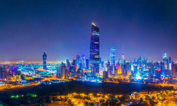 Night aerial view of the downtown Kuwait dominated by the liberation tower.