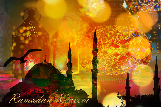Ramadan Kareem Eid Mubarak greeting - Islamic muslim holiday Ramadan Eid background with eid lanterns or lamps