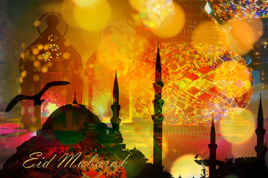 Eid Mubarak Ramadan Kareem greeting - islamic muslim holiday background with eid lantern or lamp