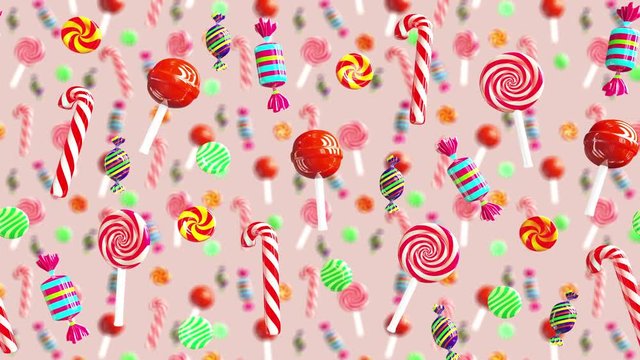 Bright glamour sweet juicy candies lollipop chupa chups caramel toffee sugar move from right to left. High quality background. Candy on light pink.