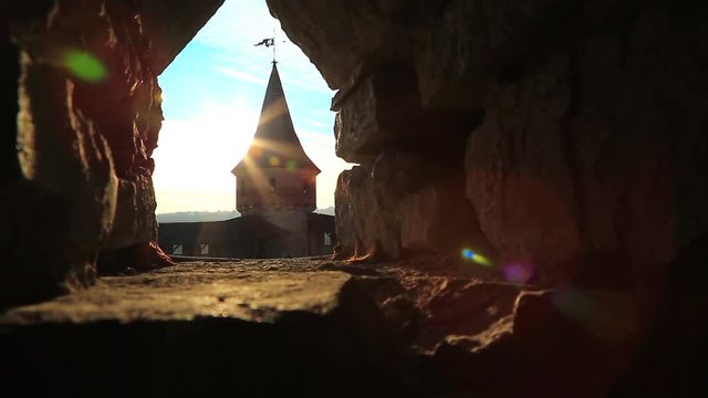 Slider shot of old Ruthenian-Lithuanian castle and later Polish fortress, located in historic city of Kamianets-Podilskyi, historic region of Podolia in western Ukraine