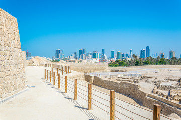 Interior of the Bahrain fort complex with the Qal'At Al Bahrain fort which is part of UNESCO World...