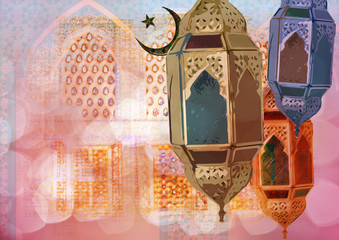 Ramadan Kareem Eid Mubarak greeting - Islamic muslim holiday Ramadan Eid background with eid lanterns or lamps and arabic oriental windows