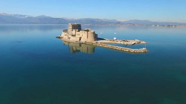 Castle on an island in the sea of Greece, near the town of Nafplio.