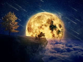Selbstklebende Fototapeten Night scene with a boy, musician standing at the edge of a cliff chasm with his piano. Waiting for music inspiration in the center of nature, over a full moon night background © psychoshadow