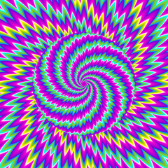 Colorful rainbow background with moving sphere. Optical expansion illusion.