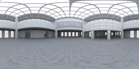 Equirectangular empty factory interior. 3d render 360.