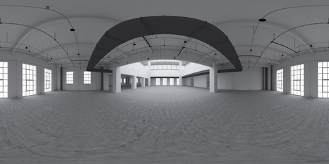 Equirectangular empty factory interior. 3d render 360.