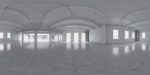 Equirectangular empty factory interior. 3d render 360.