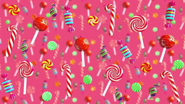 Bright glamour sweet juicy candies lollipop chupa chups caramel toffee sugar fall down. High quality background. Candy on red pink.