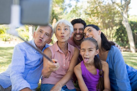 Family making funny faces while taking a selfie in the park