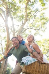 Family arriving in the park for picnic on a sunny day