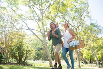 Family arriving in the park for picnic on a sunny day