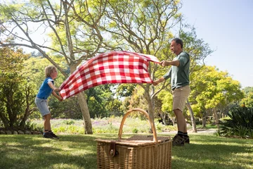Tragetasche Vater und Sohn breiten die Picknickdecke aus © WavebreakMediaMicro