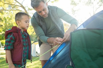 Father and son setting up the tent at campsite