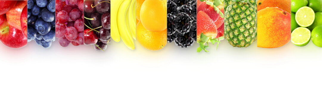 Fruit frame border on white background Healthy eating and dieting food concept with space for text