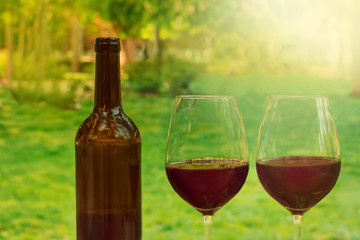 Bottle and glasses of red wine at picnic, with copyspace