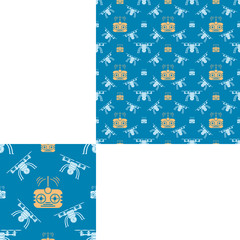 Seamless pattern of white quadrocopters and yellow remote control on the blue background with pattern unit.