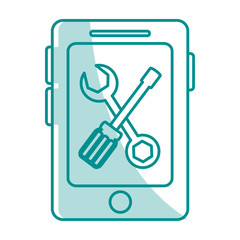 blue silhouette shading of smartphone device with set wrench and screwdriver on display vector illustration