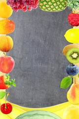 Fruit frame on blackboard background Healthy eating and dieting food concept with space for text