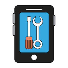 colorful silhouette smartphone device with set wrench and screwdriver on display vector illustration