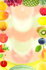 Fruit frame border on bluer background Healthy eating and dieting food concept with space for text